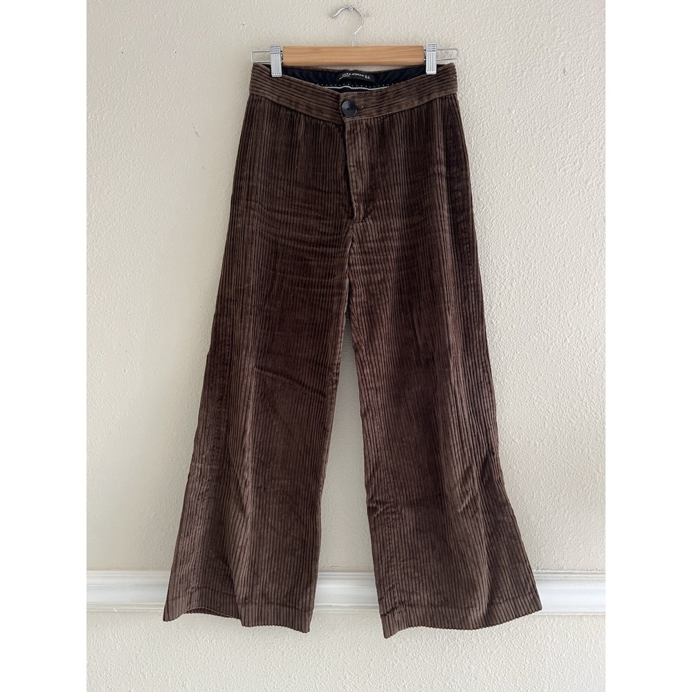 Zara Women's XS Brown Ribbed Corduroy High-Waisted Wide-Leg Crop Pants Feminine